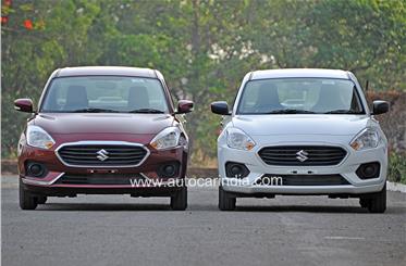 The base Dzire (right) gets silver trim bits in place of chrome as on the higher variants, and black door mirrors.