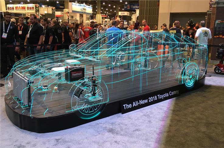 TOYOTA CAMRY - Well, sort of. The Toyota stand displayed the 2018 Camry&#8217;s form with this interesting, colour-changing light display.