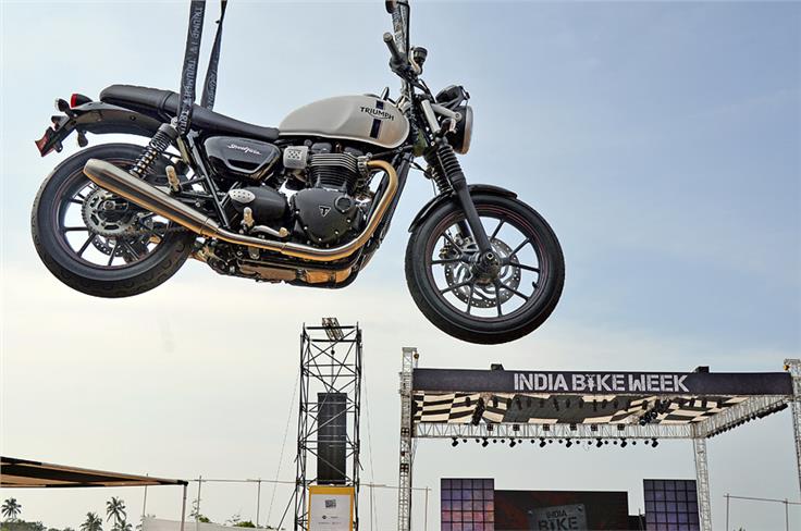 The Street Twin hung up at the Triumph stand.