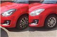 Spot the differences. On the left is the top-spec Swift with blackened headlamp cluster, LED headlights and 'precision cut' dual-tone 15-inch alloy wheels. On the right is a lower variant model with simpler halogen headlamps and smaller 14-inch alloy wheels.   