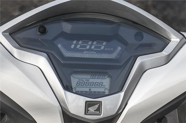 Digital meter on the Grazia is simpler than the Ntorq's, features a tachometer. 