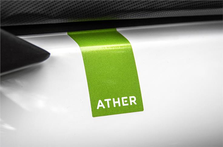 Minimalist branding adds to the Ather 450's clean design. 