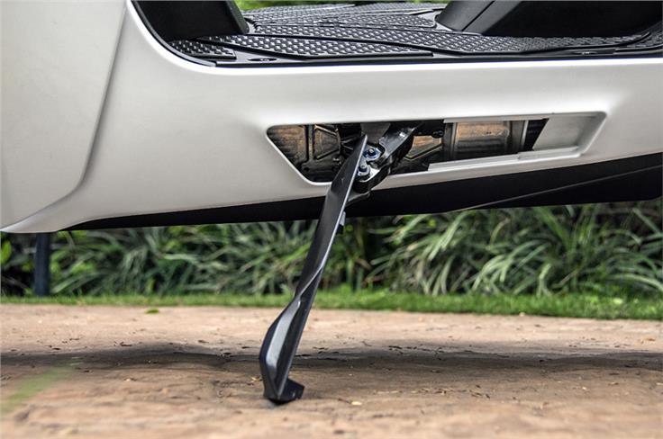 Well-finished side-stand integrates neatly into the bodywork.