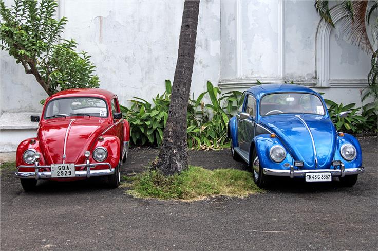 Hanosh Mascarenhas&#8217; red Beetle gives company to Durai Mohan V&#8217;s blue-and-silver Beetle, which came in from Chennai.