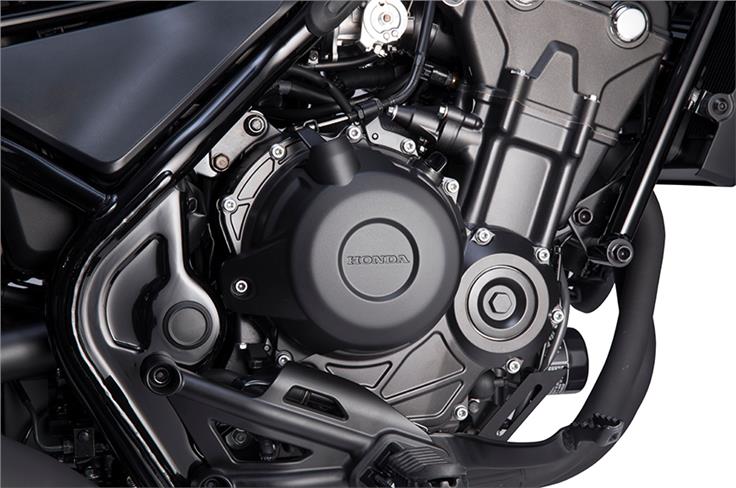 The Rebel 500 is powered by a 471cc parallel-twin, liquid-cooled engine.