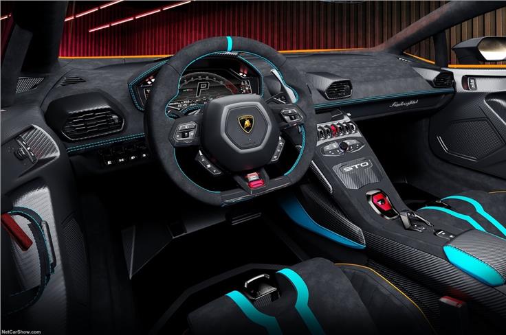 Lambo has used its 'Carbon Skin material' - a fabric even lighter than Alcantara.