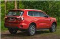 2022 Ford Everest rear three-quarters view in red.