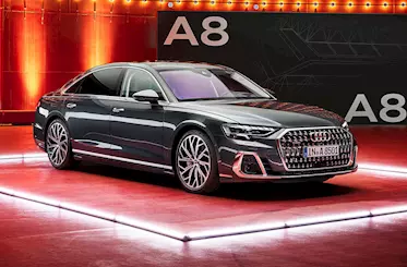 Audi A8L facelift front right three-quarters view.