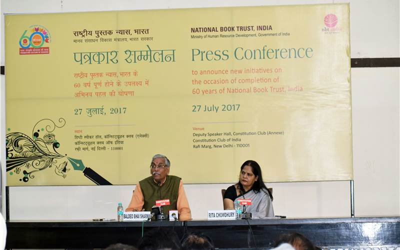 (from left) Baldeo Bhai Sharma, chairman, NBT and Dr Rita Chowdhury, director, NBT during the press meet