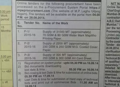 Madhya Pradesh Textbook Corporation invites tenders for supply of printing paper