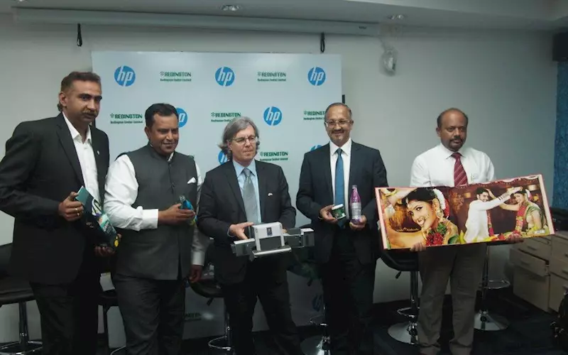 The press event saw HP and Redington team share the vision for the Centre of Excellence and also creating awareness with the gathering on the power of digital printing and its future. L-r: Ramesh KS, A Appadurai, country manager, digital press and inkjet business solutions, GSB, HP India, Alon Bar-Shany, Kasturirangan and Ramesh Natarajan highlighting some of the varied sample on display at the centre
