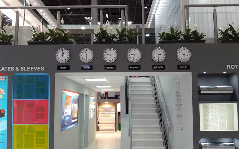 Uflex has put up six clocks at the stall displaying the time of the six countries &#8211; India, UAE, Egypt, the US, Mexico and Poland, countries where Uflex has plants