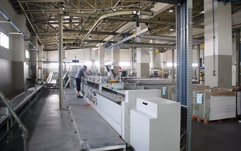 The gravure production line is backed by a Kolbus Publica KM412B binder which can produce two-up up textbooks, along with a slitting unit and two three knife trimmers