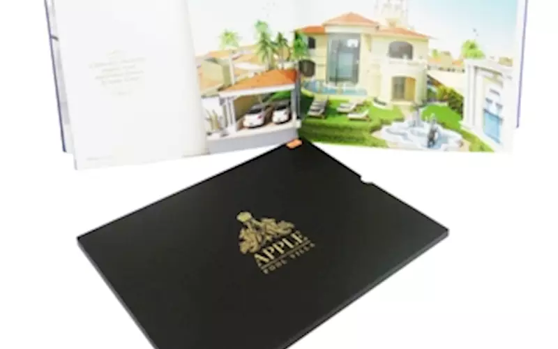 ALMATS BRANDING SOLUTION | Apple Pool Villa Length of run: 1000Art: Text pages: CMYK + Pantone 877 silver + Pantone 872 gold. Slipcase: single colour printingPre-Press: GMG Process systemPress: Ryobi 920 and SORD 2Post-Press: One page crown blue foiling, aqueous coating on all pages, prototyping sticker on front and back plus gold foil on slipcasePaper: 200gsm Ethnic 0033 Blue for case cover, 160gsm Ensemble Pure White for text pages and 350gsm ITC Invercote matt card for slipcase