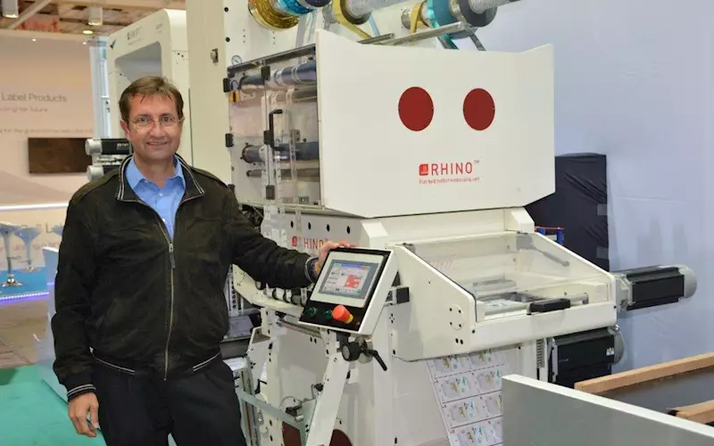 Pantec&#8217;s Peter Frei with the company&#8217;s star product Rhino II, is an inline flatbed embossing machine, now shown with new functions that serve security industries and traditional wine and spirit markets for differentiation