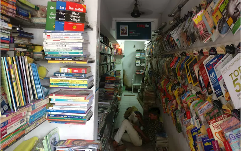 A collection of Gujarati magazines, books and newspapers, at a bookstore in Ahmedabad