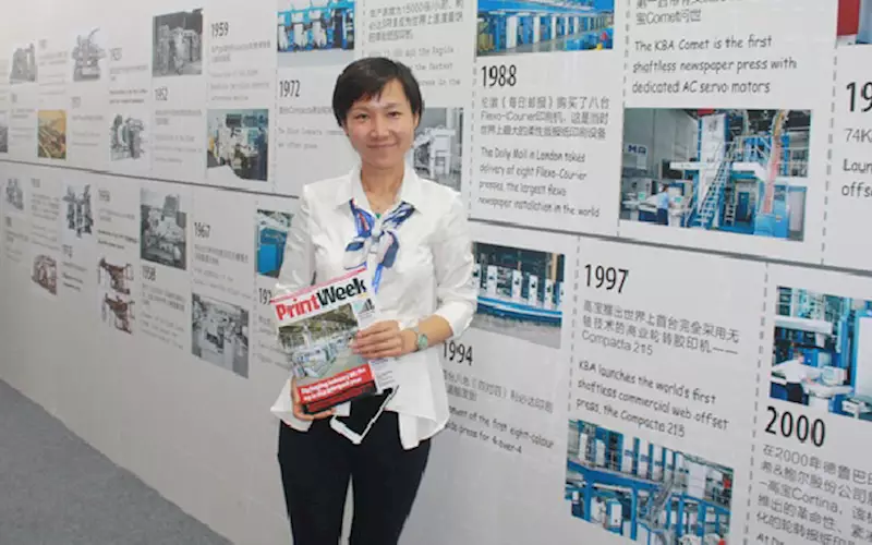 Li Xiaoling of KBA. The KBA stall had the motto, ‘Origin & Future – 200 Years Koenig & Bauer’. Visitors to the 1,000 sq/mts stand were treated to a raft of offset, flexo, screen printing and digital solutions for commercial, publication and packaging markets. KBA Rapida 106 and KBA Rapida 75 Pro were also on display. Xiaoling said the company’s revenue increased by 10% last year, because it placed a clear focus on the growing packaging segment