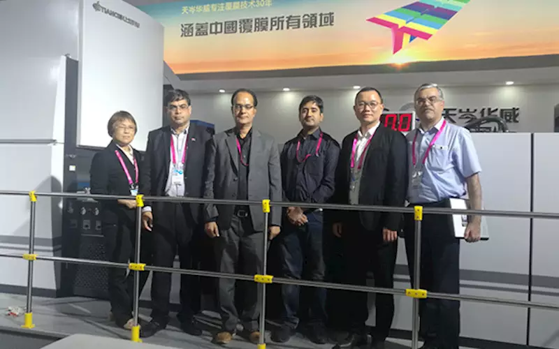 Team Ample, Tiancen and Bhandari Offset. Ample Graphics, the Indian representative of Shanghai Tiancen Machinery Manufacture, signed a deal of two lamination machines at China Print 2017, one of which is booked by Bhandari Offset. Rohit Bhandari of Bhandari Offset said after spending three days evaluating various options, the company selected Tiancen Chain Knife Laminating Machine. “This machine has all the features we required to supply MetPET film sheets for our new five-colour UV-enabled printing machine,” he said. With this, Ample has now total seven installations