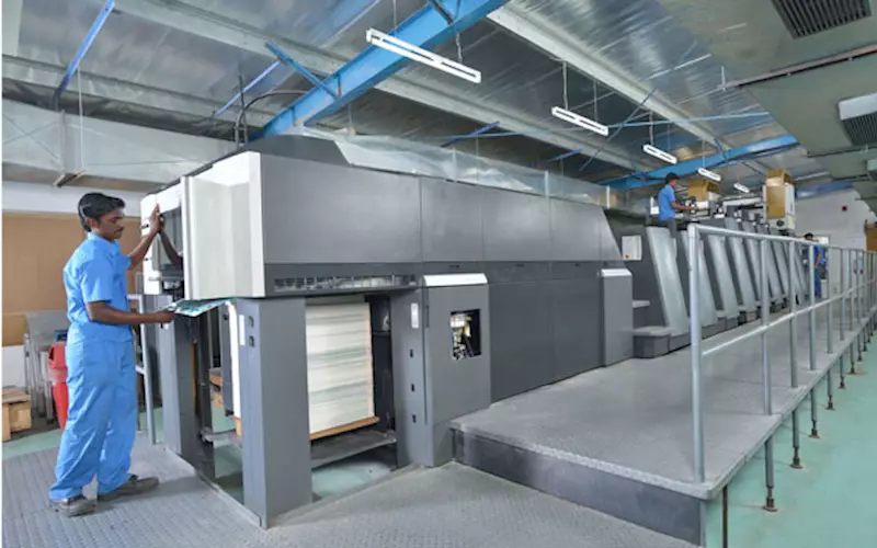 Heidelberg CD-74, the UV press has six printing units with twin coaters in the rear