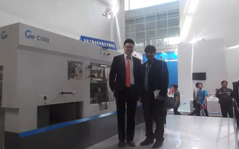 (l-r) Allen Lu of Eureka Machinery and BS Satish of Eureka Machinery Incorporation showcased the upgraded version of its flagship automatic die-cutter equipped with inline foiling technology