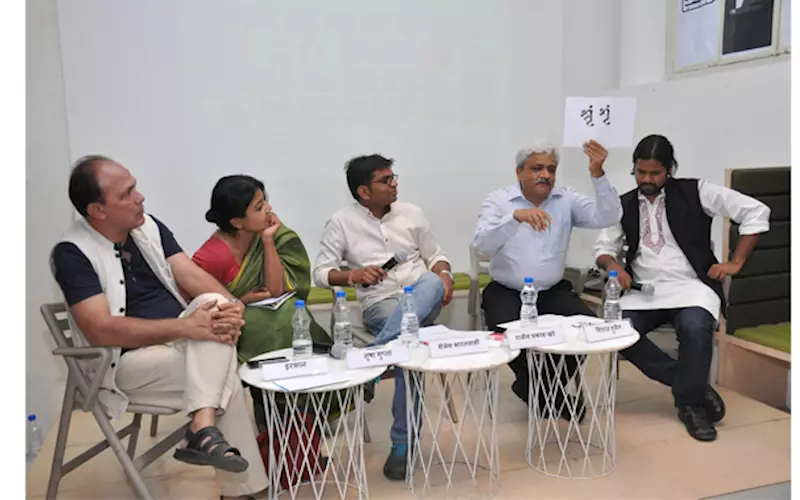 (From left) Irfan, Trishna Gupta, Sailesh Bharatwasi, Rajeev Prakash Khare and Shiraz Hussain during the panel discussion on ‘Hindi: Jaisi Dikhti Hain’