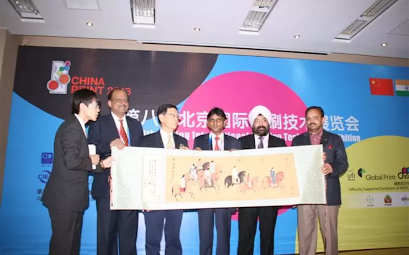 The India Day was held during China Print 2013. Delegates from Indian and Chinese print associations presenting a memento to the chief guest Dr B Balabhaskar, Indian vice ambassador to China in Beijing