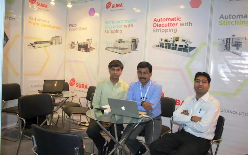 Chennai-based Suba Solutions introduced the flexo folder-gluer and flexo printer, slotter, and die-cutter series from Taiwan-based Lian Tiee Machinery; and automatic baling press from Techgene Machinery Co for the corrugating industry. According to Naresh (c) of Suba, Lian Tiee and Techgene are popular in the India and have couple of installations