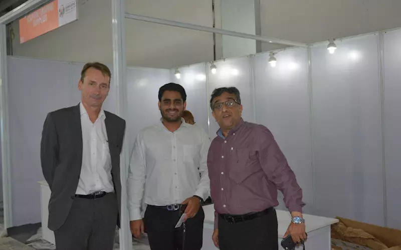 (l-r) Steen Rasmussen of Tresu, Kunal Gandhi and Arun Gandhi of Capital Graphic Supplies (H-1) are gearing up to showcase Tresu  Flexiprint supply systems and chambered doctor blades