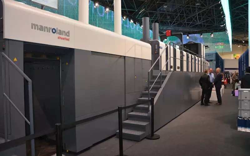 The 12-unit Roland 700 Evolution at Drupa is built for a print company specialising in pharma folding carton, includes eight colours, double coating and an inline foiler. The perfecting press can run at a straight printing speed of 18,000sph and perfecting speed of up to 16,000sph, and is available in sheet size of 740x1,040mm with an optional sheet size of 750x1050mm
