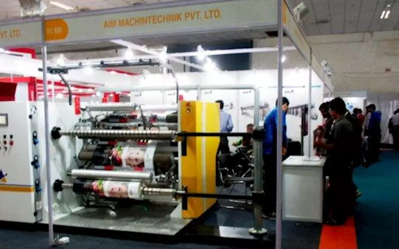 Rajkot, Gujarat-based AIM Machintechnik is a manufacturer of rotogravure and flexographic machines, lamination, slitter and rewinder, pouch, side sealing, bottom seal bag making machines. At the show, the company displayed cantilever slitter and rewinder machine