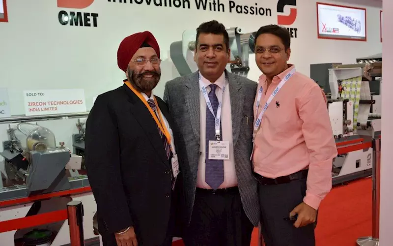 (l-r) Harveer Sahni of Weldon Celloplast, Sanjeev Sondhi of Zircon and Mahendra Shah of Renault Paper Products. Renault has recently completed installation of a fully-loaded Omet Varyflex at its plant in Palghar