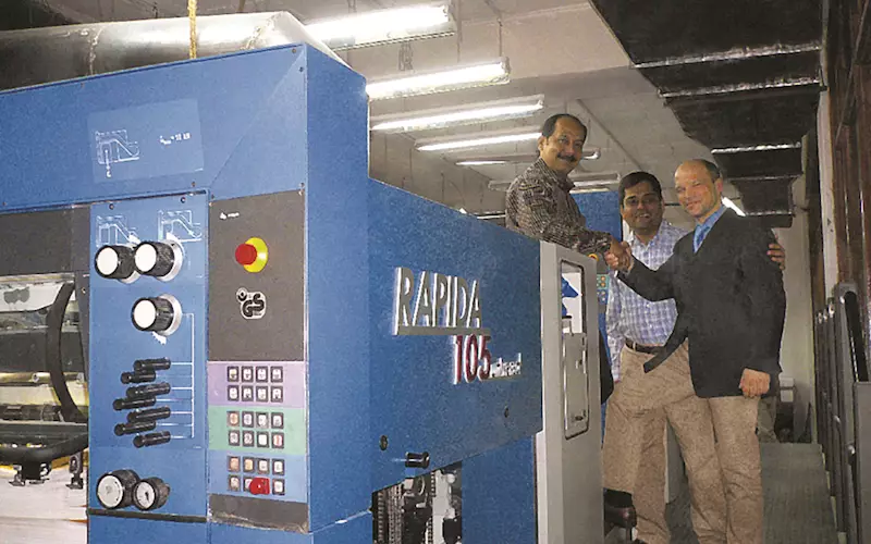 Bikash Niyogi of Niyogi Offset with Aditya Surana of Indo Polygraph Machinery and Hartmut Stamm of KBA, when the first KBA was installed in Delhi