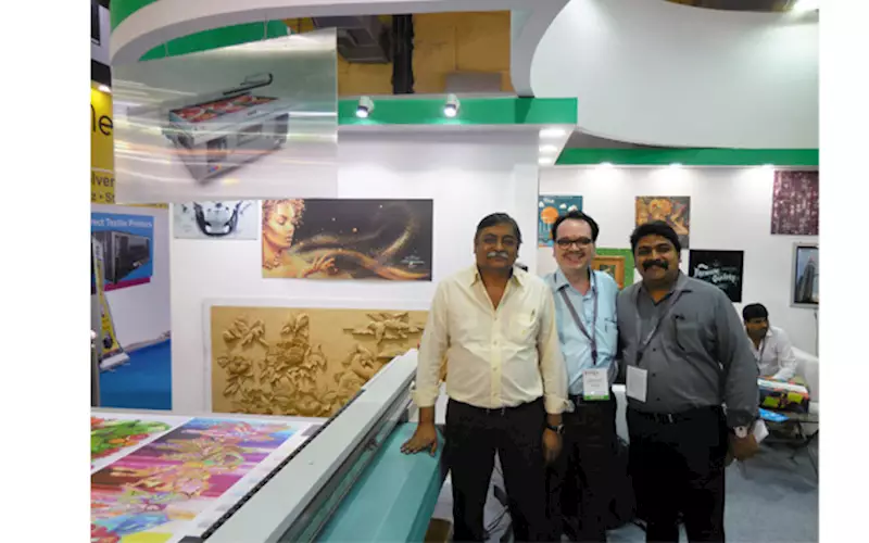 (l-r) Sandip Thanawala of Neat Graphics, Pratik Mhasawade of Fujifilm and Anuj Thanawala of Neat Graphics. Mumbai-based Neat created elements at the Fujifilm stall which left the visitors impressed