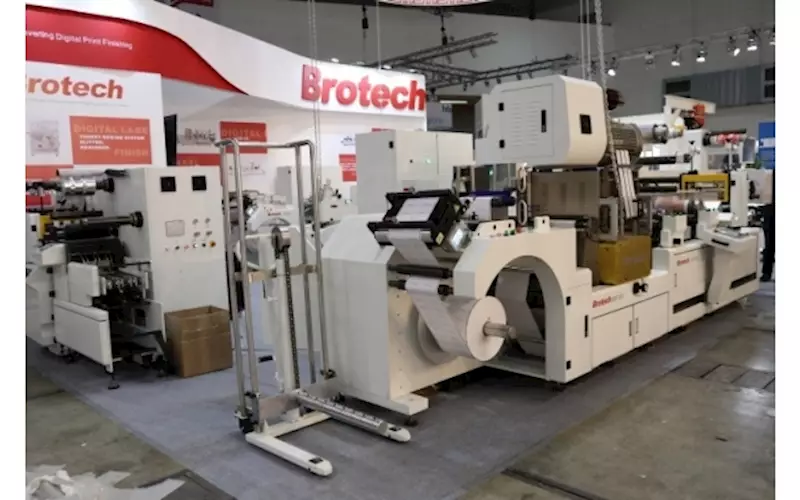 Brotech’s SDF Plus is a modular digital label converting system with a flatbed hot stamping module, on-the-fly flexo printing, die-cutting, and laser die cutting