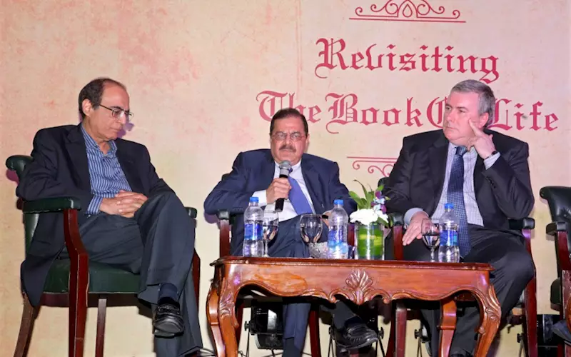 (From left) Rajiv Beri, managing director, Bloomsbury Publishing India, JP Vij of Jaypee Brothers Medical Publishers, and Mike Levaggi, group production director, HarperCollins Publishers participated in a panel discussion about the Indian book market and Replika&#8217;s place in it