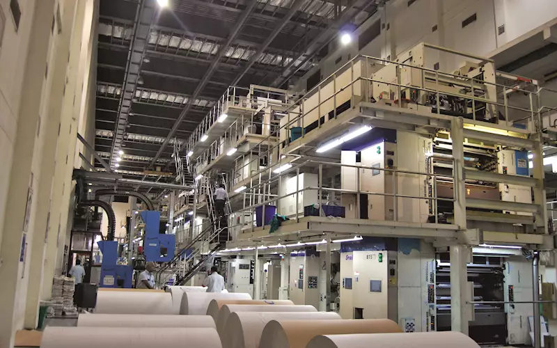 The 80,000cph Mitsubishi Diamond Spirit heatset press at the Chennai plant. The publications, The Hindu, Business Line and Sportstar are printed on it