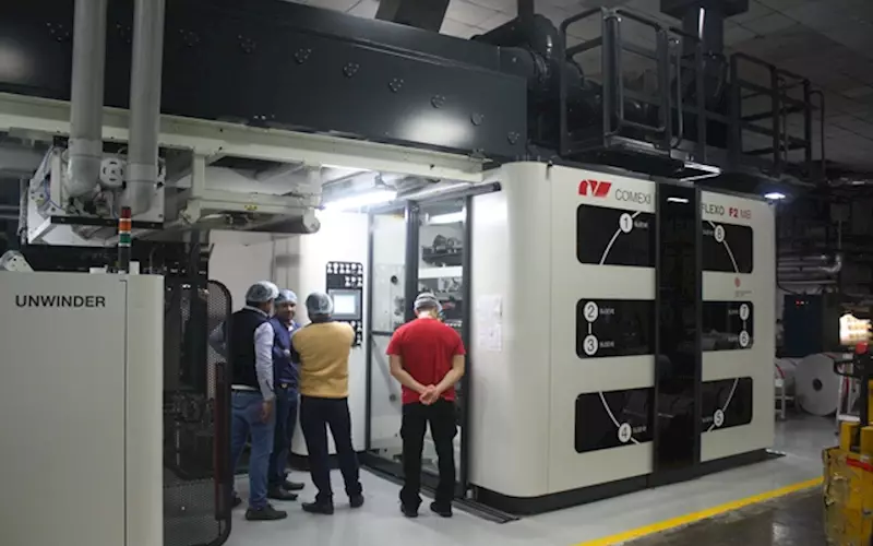 Packaging: The Comexi flexo printing machine at the Noida plant. The machine has the processing speed of 400 metres per minute