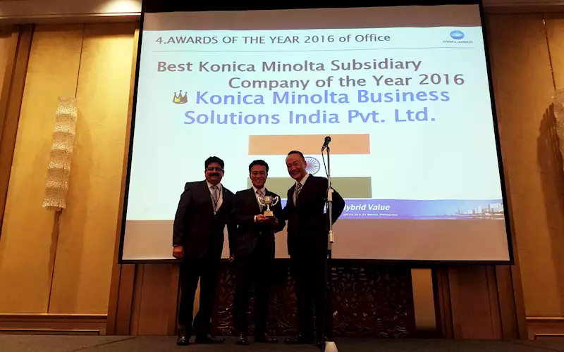 (from left) Rajeev Ahuja, Business Consultant IP, Daisuke Mori, MD, Konica Minolta India and Shoei Yamana, CEO, Konica Minolta