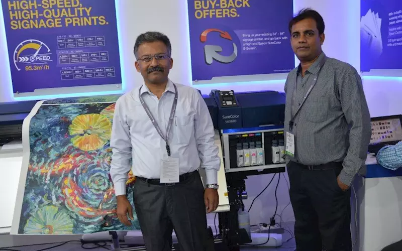 Epson’s upper northern region representative K Dogra (left), chief executive, Dynamik Business Systems said: Pick up any media of up to 1.0 mm thickness for application in the indoor and outdoor commercial printing, and these presses will deliver colours consistent across the media