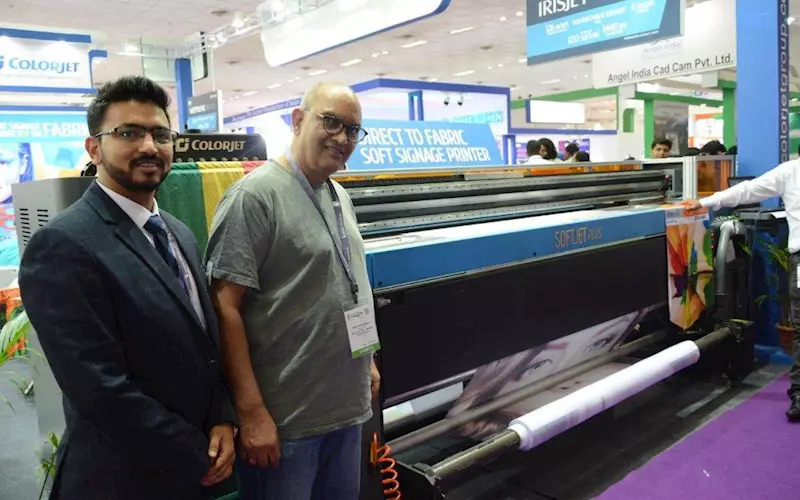 (from left) Smarth Bansal of Colorjet and Ravi Agarwal of Apsom Infortex. ColorJet India has an entry-level printer for the soft signage market, which it claims is ideal for “flag printing”