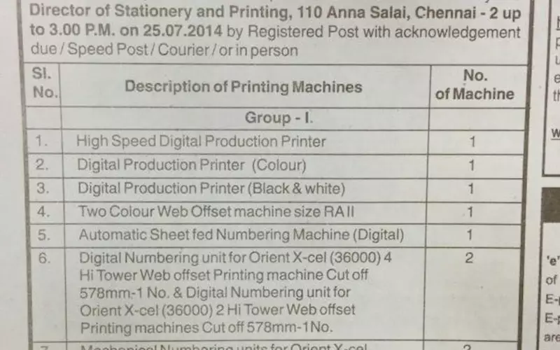 Government of Tamil Nadu invites tender for supply of printing and binding machines