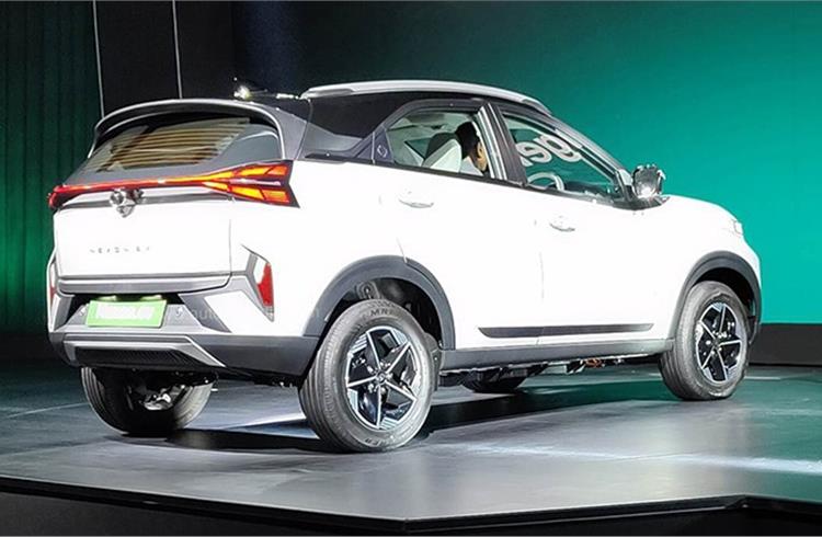 From the rear, the Nexon.ev is very similar to its ICE version with connected LED tail-lamps, a pronounced roof-mounted spoiler and a chunky bumper finished in the body colour.
