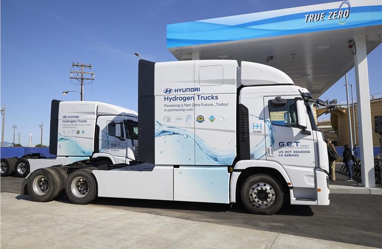Hyundai Xcient Fuel Cell trucks used in logistics transportation at the Port of California as part of the Port of California Green Truck Adoption Project.
