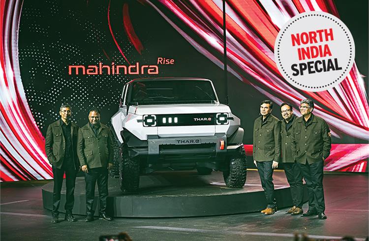 Top Mahindra officials with the Thar.e concept during the Cape Town reveal in August 2023. Its design marked a departure from the current Thar.