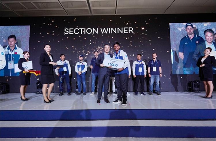 Sanchit, from Trident Hyundai in Bangalore and representing Hyundai Motor India, receiving the gold medal and the cash reward at the Hyundai Group's World Skill Olympics held in Seoul.