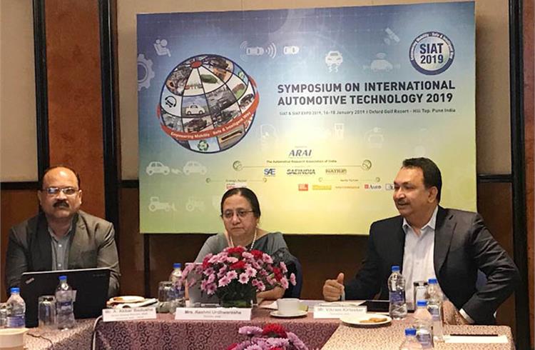 L-R: A A Badusha, Senior Deputy Director,ARAI; Ms. Rashmi Urdhwareshe, Director, ARAI; and Vikram Kirloskar, President, Automotive Research Association of India.