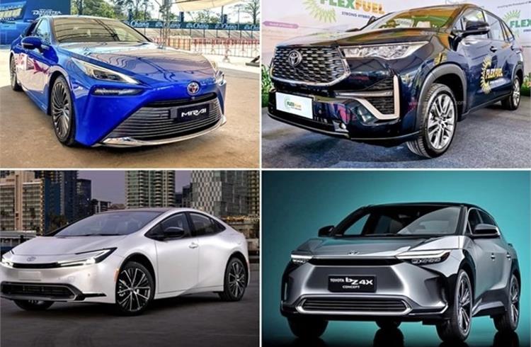 Clockwise from top left: Toyota Mirai (Hydrogen), Toyota Innova Hycross (Biofuel), Toyota Prius (Hybrid), Toyota Bz4X (BEV) 