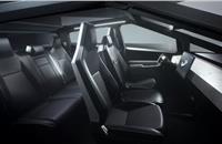 The Cybertruck, as revealed, can seat up to six adults. The cabin is pure Tesla: total minimalism, with the dashboard dominated by a 17-inch tablet-style touchscreen.