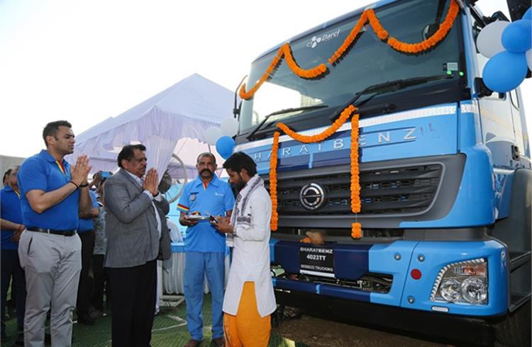 Traditional pooja ceremony during the customer handover session of 120 BharatBenz trucks (before the Corona-driven lockdown came into force in India.