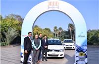 Dr Pawan Goenka, MD, Mahindra & Mahindra; Sanjay Krishnan, co-founder and CEO, Lithium Urban Technologies; Ashwin Mahesh, co-founder, Lithium Urban Technologies and Arvind Mathew, chief of International Operations, Mahindra, at the milestone announcement of 1,000 Mahindra electric vehicles in Lithium fleet.